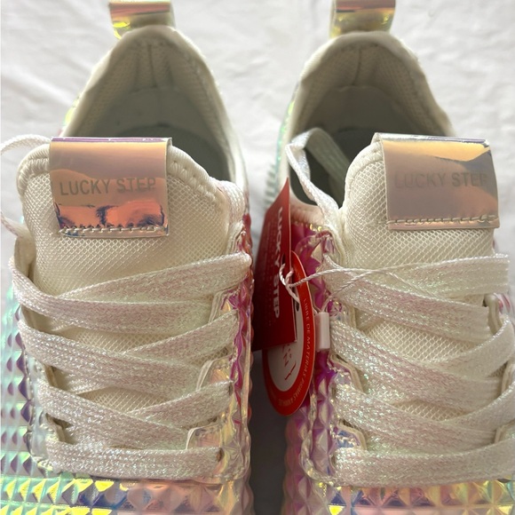 NWT Lucky Step Metallic Pink Holographic Vegan Sneakers pyramid studs SZ 7 - Picture 12 of 15